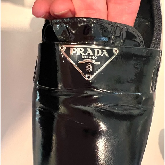 Prada Black Patent Triangle Logo Square Toe & Block Heel Pump Size 37 - Picture 3 of 15